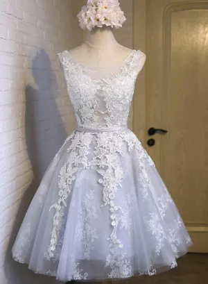 Pretty Grey Short Round Neckline Party Dress, Grey Homecoming Dresses, Lace-up Graduation Dresses