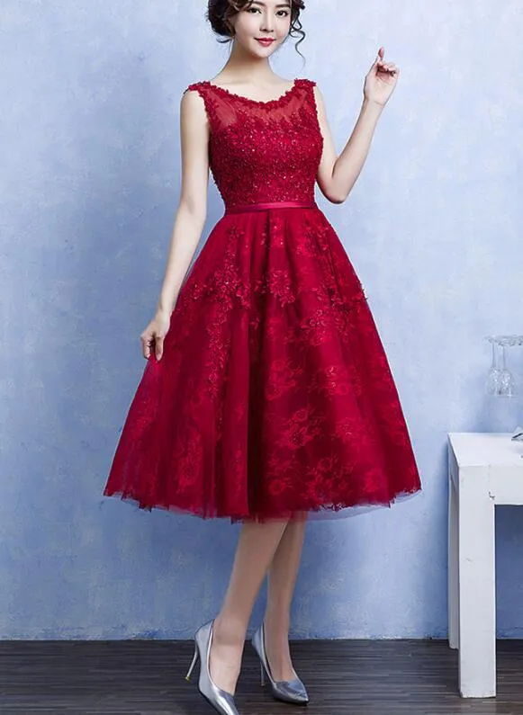 Pretty Handmade Knee Length Dark Red Lace Junior Party Dress, Beautiful Tulle Dress