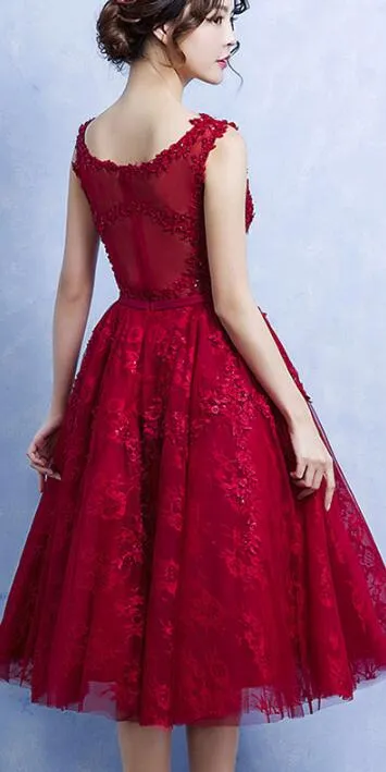Pretty Handmade Knee Length Dark Red Lace Junior Party Dress, Beautiful Tulle Dress