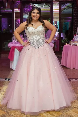 Princess Pink Sweetheart Strapless Tulle Ball Gown Beading Long Plus Size Prom Dresses OK663