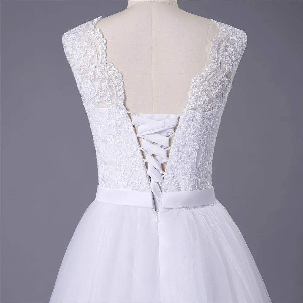 Princess White Tulle Lace Top Beaded Wedding Dress, Cheap Long Bridal Dress OKJ6