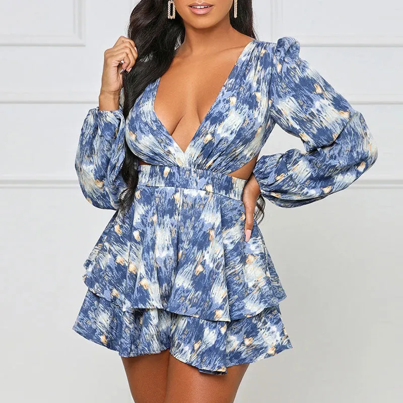 Print Deep V-Neck Long Sleeve Lace Up Bandage Mini Dress
