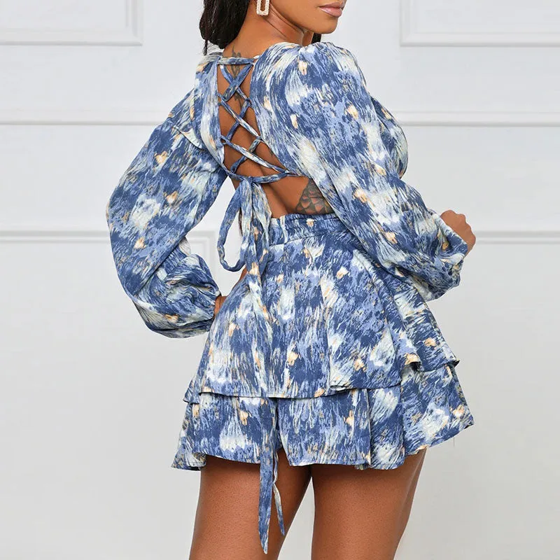 Print Deep V-Neck Long Sleeve Lace Up Bandage Mini Dress