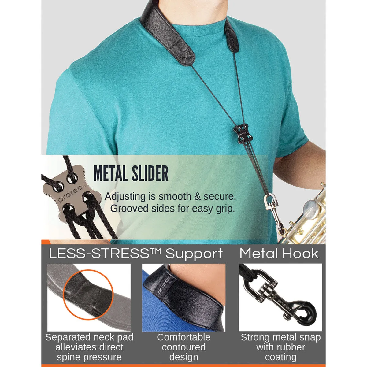 Protec Saxophone Neck Strap - Less Stress Leather, Metal Snap L305M
