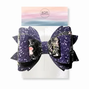 Purple Flower Leather Glitter Hair Bow
