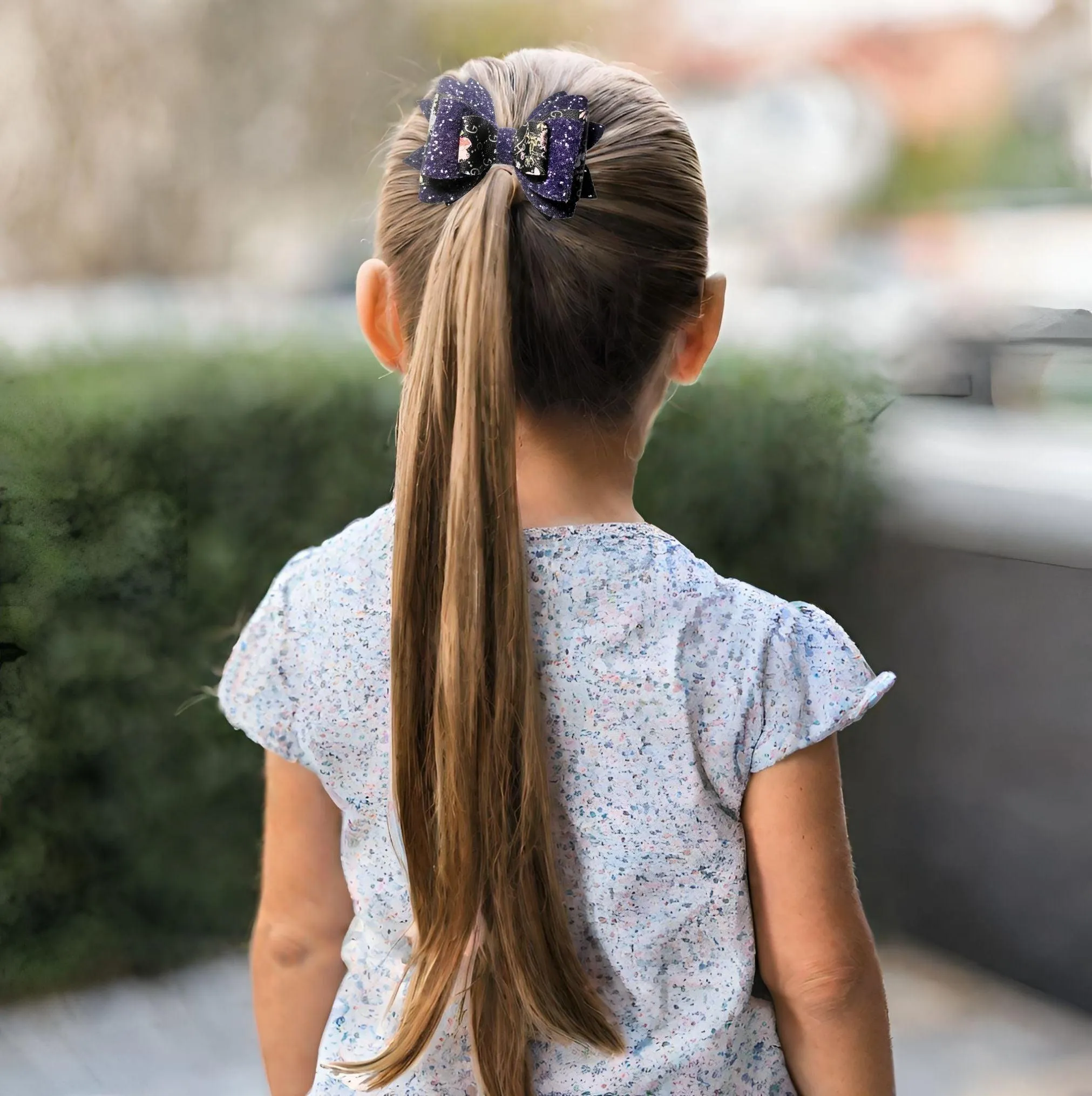 Purple Flower Leather Glitter Hair Bow