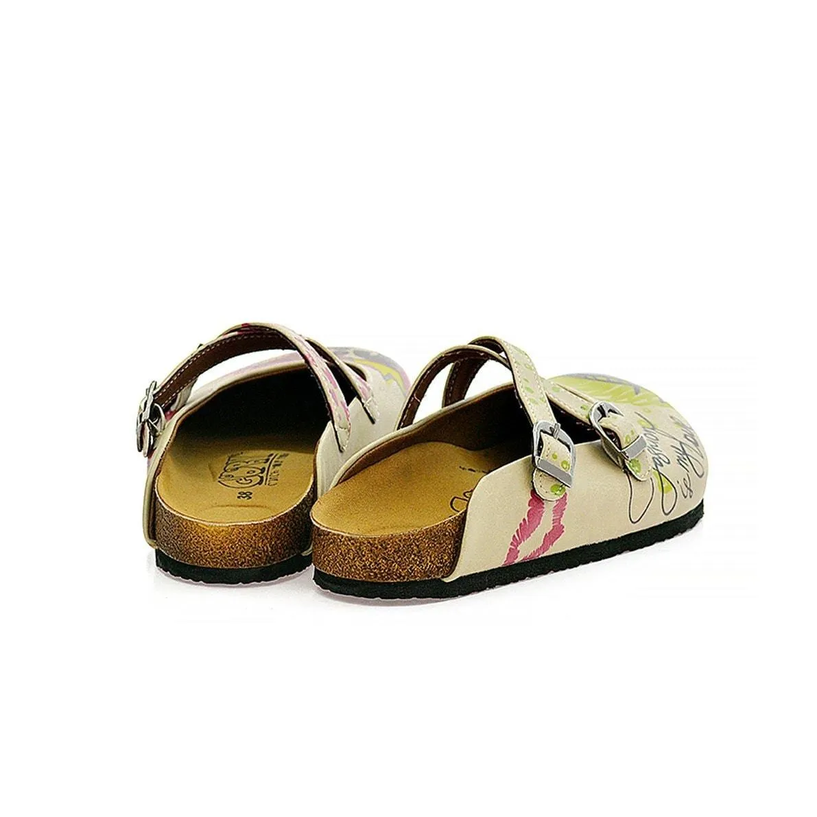 Purple, Green, Yellow, Blue Eyes, Purple Heart, Green Round, Girl and Fashion is My Love Written Beige Patterned Clogs - CAL114