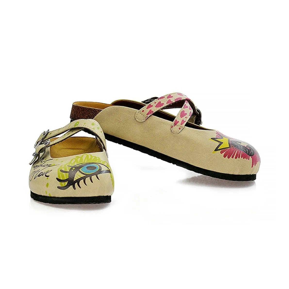 Purple, Green, Yellow, Blue Eyes, Purple Heart, Green Round, Girl and Fashion is My Love Written Beige Patterned Clogs - CAL114