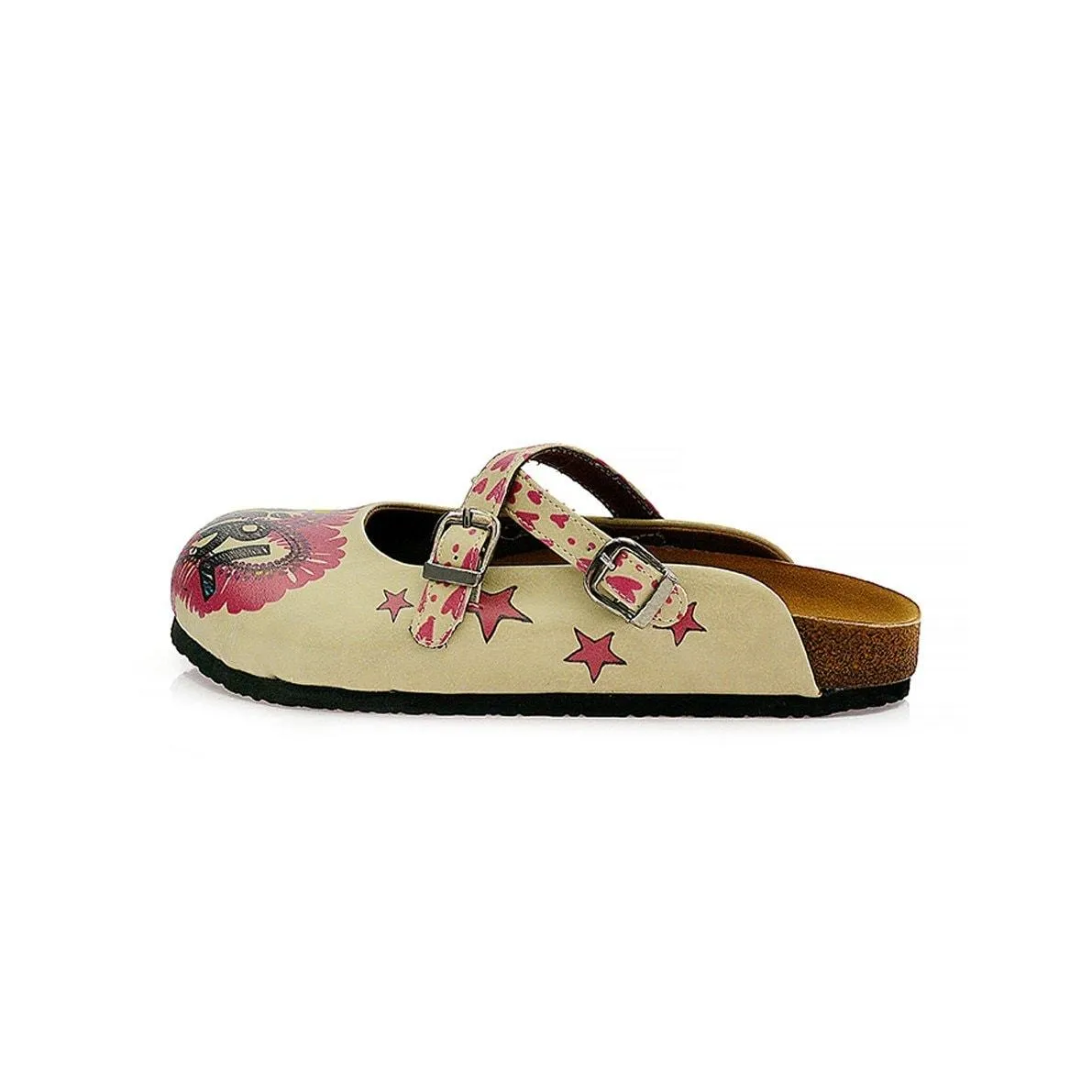 Purple, Green, Yellow, Blue Eyes, Purple Heart, Green Round, Girl and Fashion is My Love Written Beige Patterned Clogs - CAL114