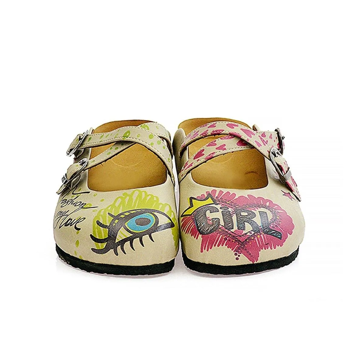 Purple, Green, Yellow, Blue Eyes, Purple Heart, Green Round, Girl and Fashion is My Love Written Beige Patterned Clogs - CAL114