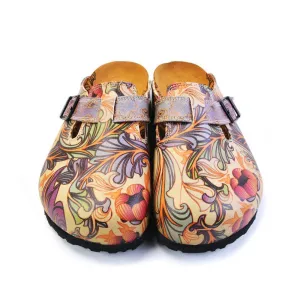 Purple, Pink, Orage Flowers and Green Leaf Patterned Clogs - CAL371