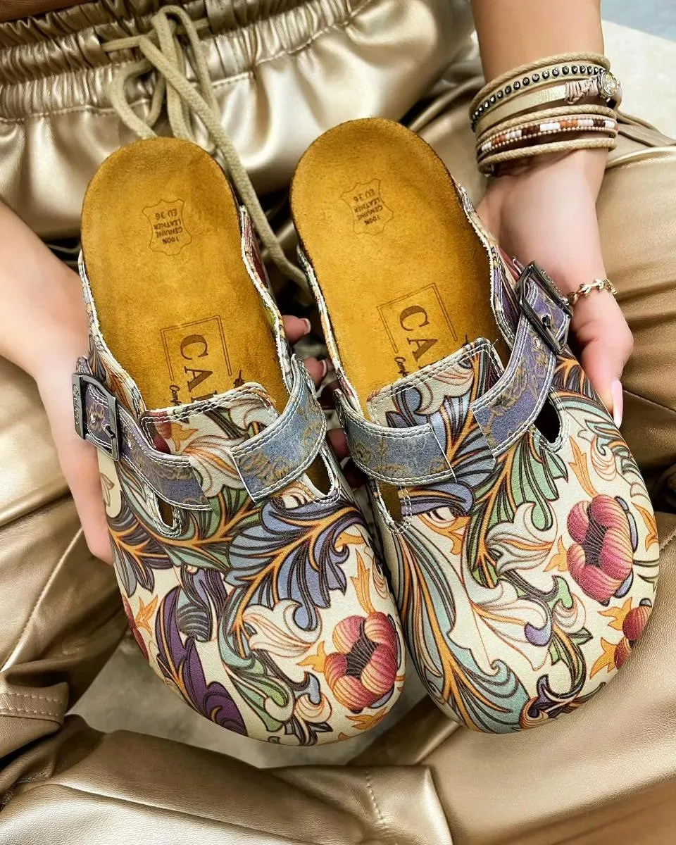 Purple, Pink, Orage Flowers and Green Leaf Patterned Clogs - CAL371