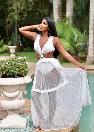 "MALDIVES" WHITE SLEEVELESS HALTER LACE UP DRESS WAITS CUT OUT