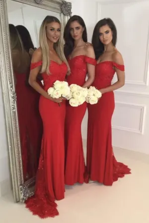 Red Lace Off the Shoulder SweeP Train Bridemaid Dresses