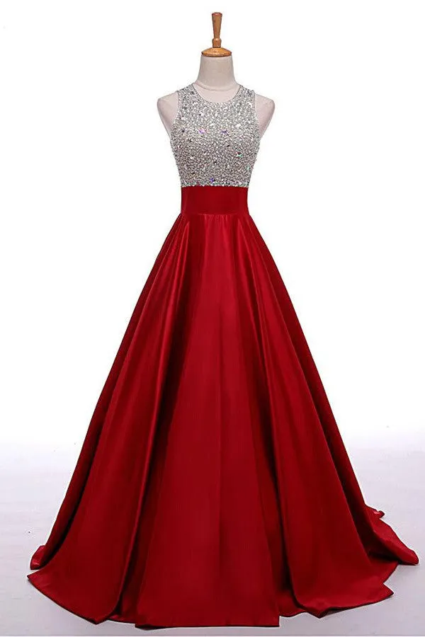 Red Long Beading A-line Prom Dress, Cheap Satin Formal Evening Dresses For Teens OK153