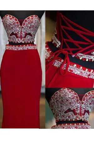 Red Two Pieces New Style Beaded V-neck Lace Up Fashion Prom Dresses, M77