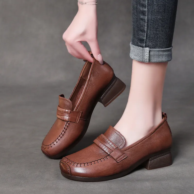 Retro Leather Chunky Heel Loafers Over Feet Soft Sole Handmade Women's Shoes