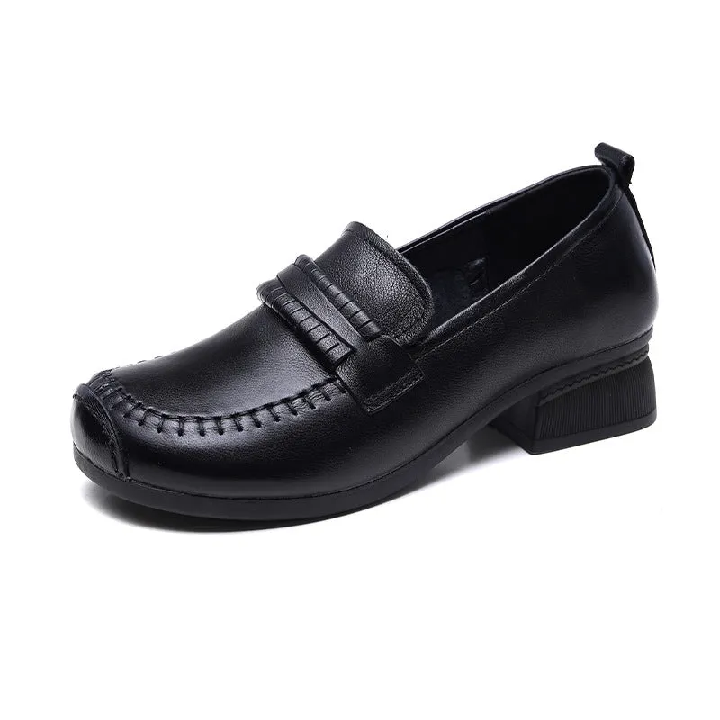 Retro Leather Chunky Heel Loafers Over Feet Soft Sole Handmade Women's Shoes