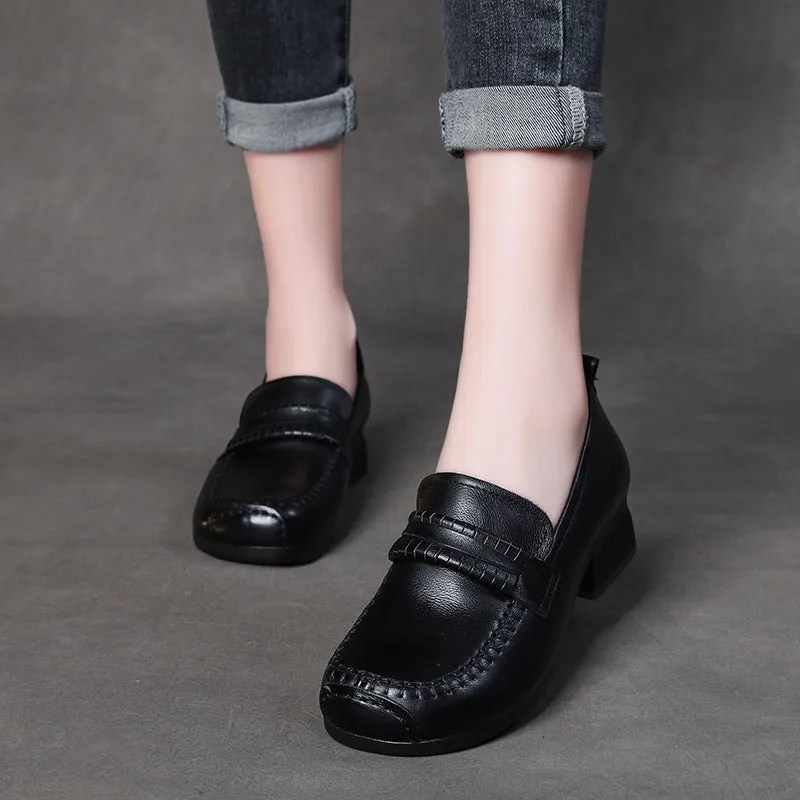 Retro Leather Chunky Heel Loafers Over Feet Soft Sole Handmade Women's Shoes