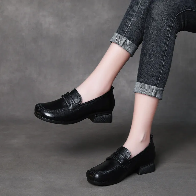 Retro Leather Chunky Heel Loafers Over Feet Soft Sole Handmade Women's Shoes