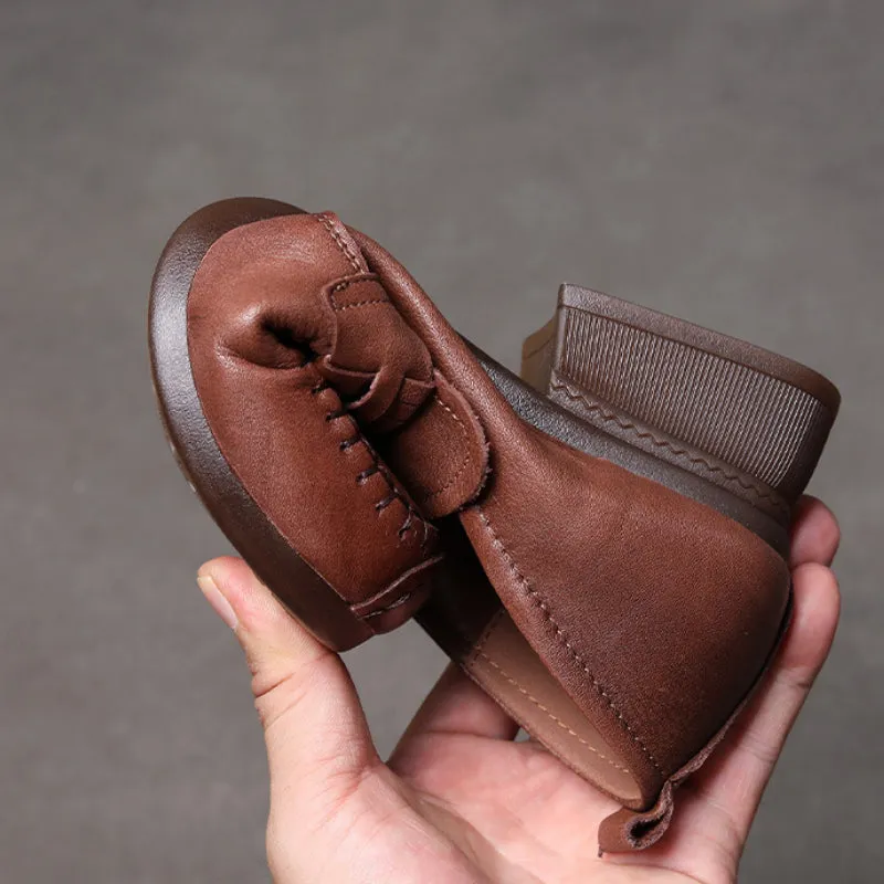 Retro Leather Chunky Heel Loafers Over Feet Soft Sole Handmade Women's Shoes
