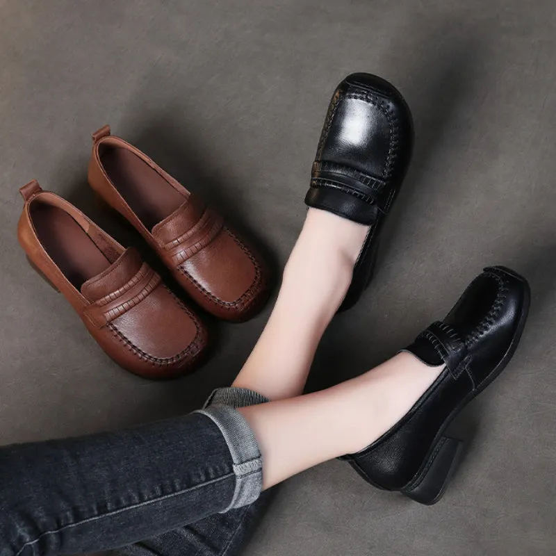 Retro Leather Chunky Heel Loafers Over Feet Soft Sole Handmade Women's Shoes