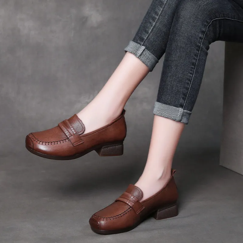 Retro Leather Chunky Heel Loafers Over Feet Soft Sole Handmade Women's Shoes
