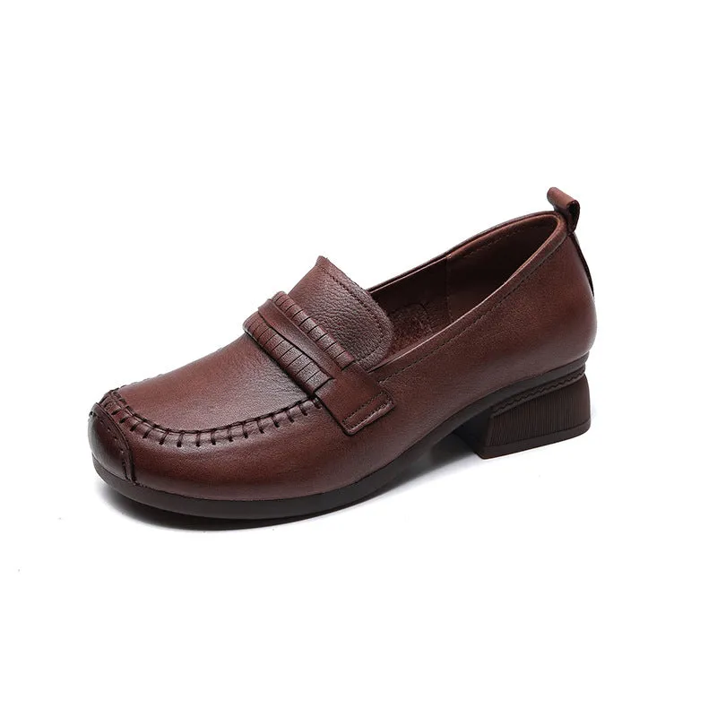 Retro Leather Chunky Heel Loafers Over Feet Soft Sole Handmade Women's Shoes