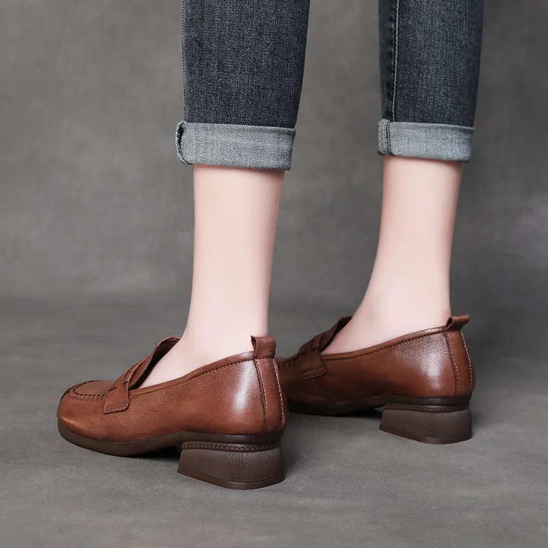 Retro Leather Chunky Heel Loafers Over Feet Soft Sole Handmade Women's Shoes
