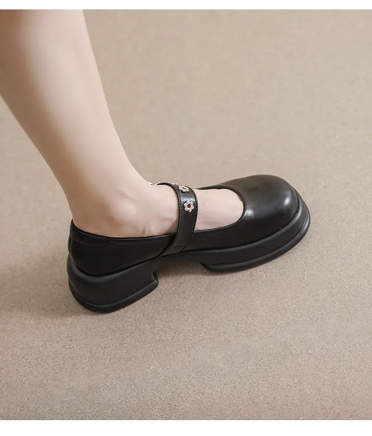 Retro Round Toe Thick Sole Mary Jane Shoes Thick Heel Women's Shoes