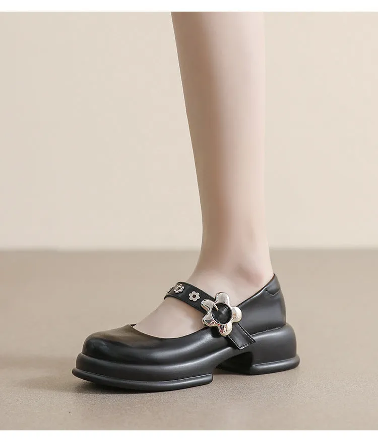 Retro Round Toe Thick Sole Mary Jane Shoes Thick Heel Women's Shoes