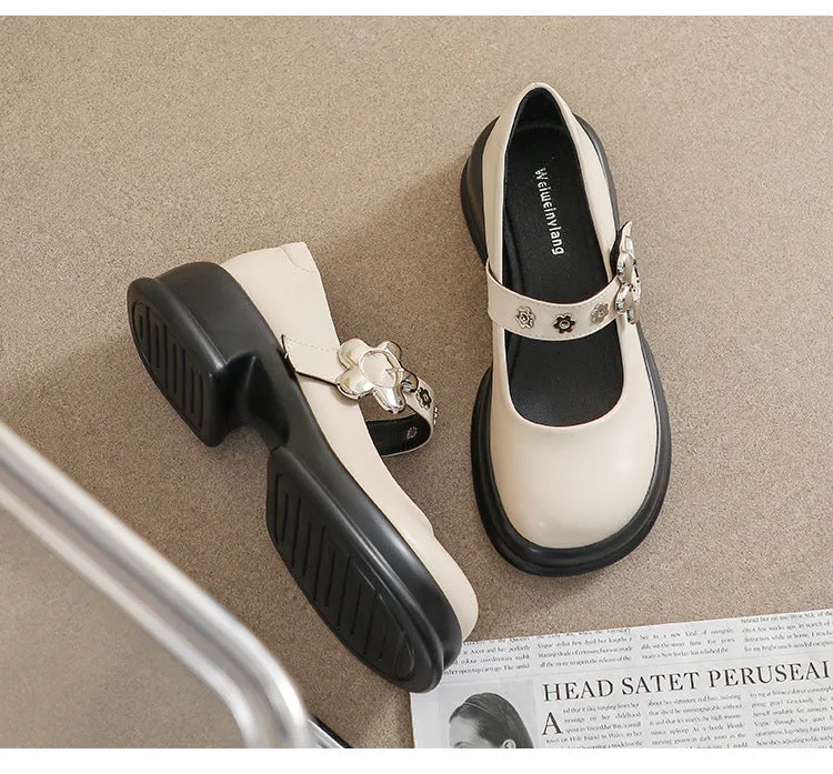 Retro Round Toe Thick Sole Mary Jane Shoes Thick Heel Women's Shoes