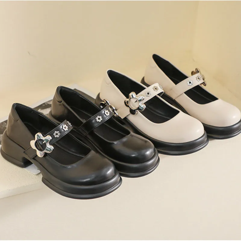 Retro Round Toe Thick Sole Mary Jane Shoes Thick Heel Women's Shoes