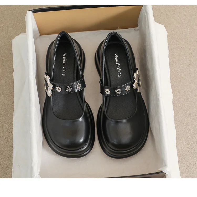 Retro Round Toe Thick Sole Mary Jane Shoes Thick Heel Women's Shoes