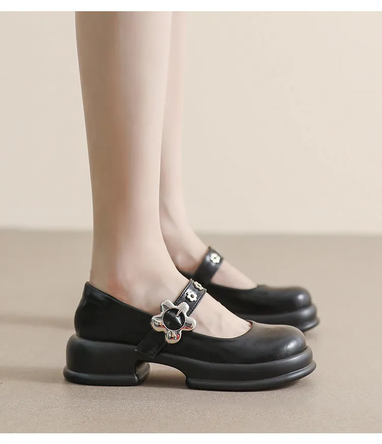 Retro Round Toe Thick Sole Mary Jane Shoes Thick Heel Women's Shoes