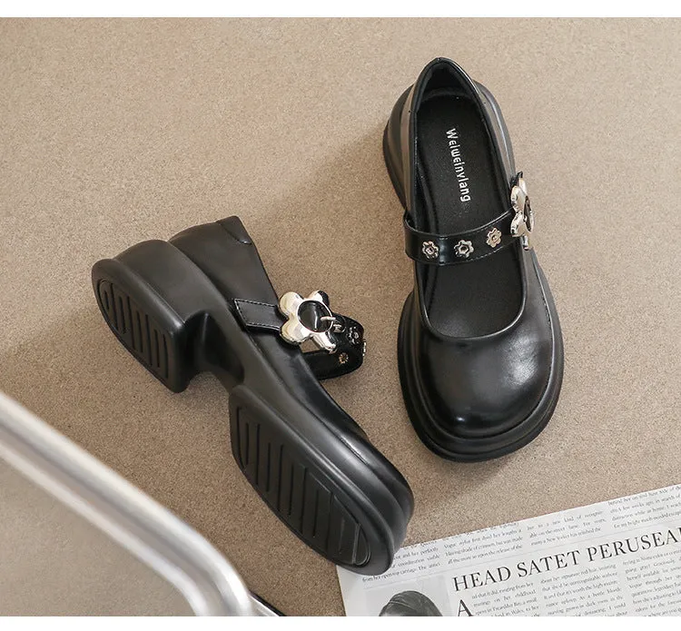 Retro Round Toe Thick Sole Mary Jane Shoes Thick Heel Women's Shoes