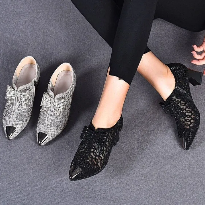 Rhinestone hollow chunky heel shoes
