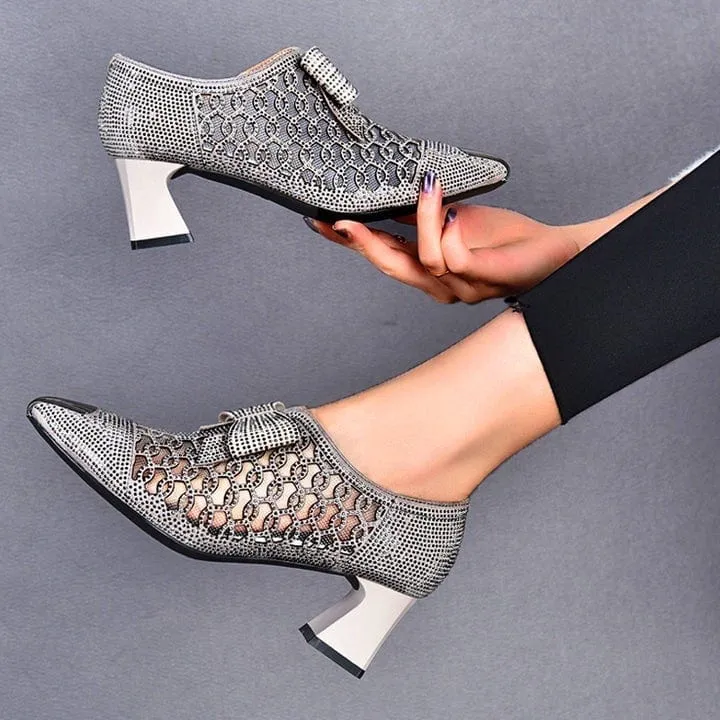 Rhinestone hollow chunky heel shoes