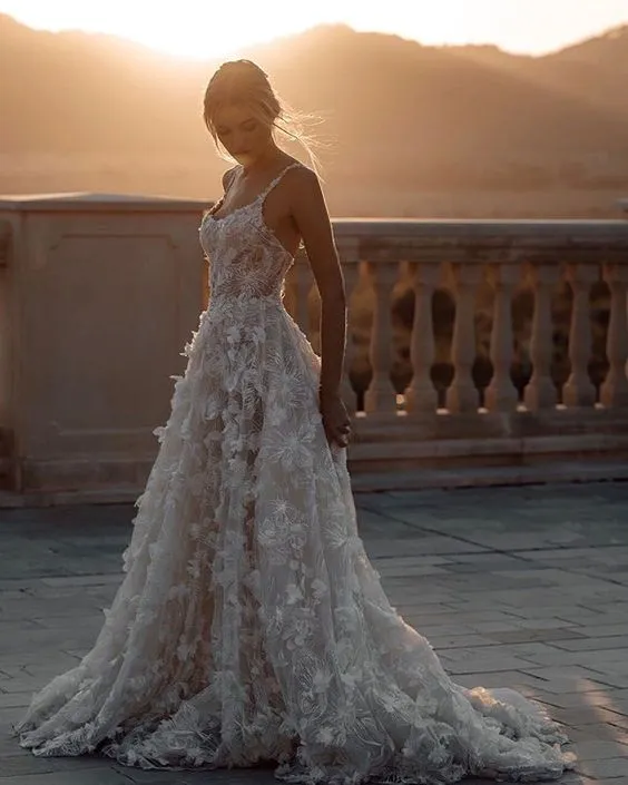 Romantic Spaghetti Straps A-line Lace Wedding Dress with handmade Flower OK1011