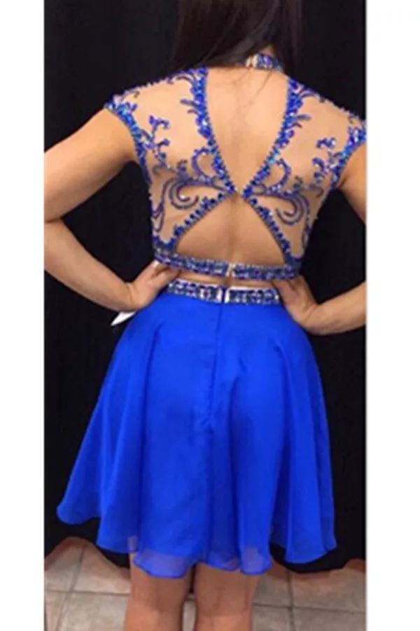 Royal Blue Handmade Short Beading High Neck Open Back 2 Pieces Homecoming Dress K426