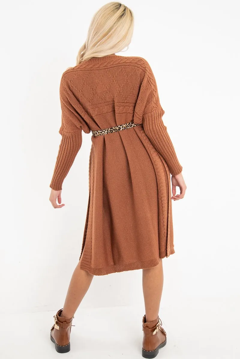 Rust Cable Knit Side Split Jumper Dress - Maniya