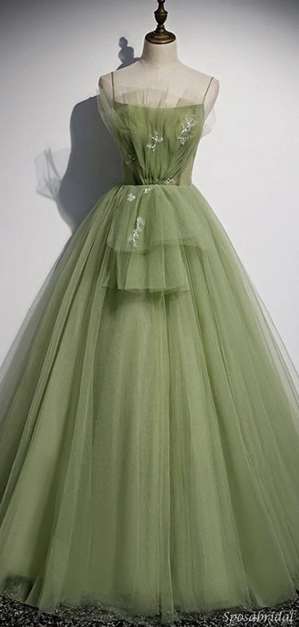 Sage Olive Green Spaghetti Strap Tulle Dream A-line Long Prom Dress, PD3116