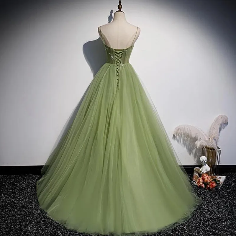 Sage Olive Green Spaghetti Strap Tulle Dream A-line Long Prom Dress, PD3116