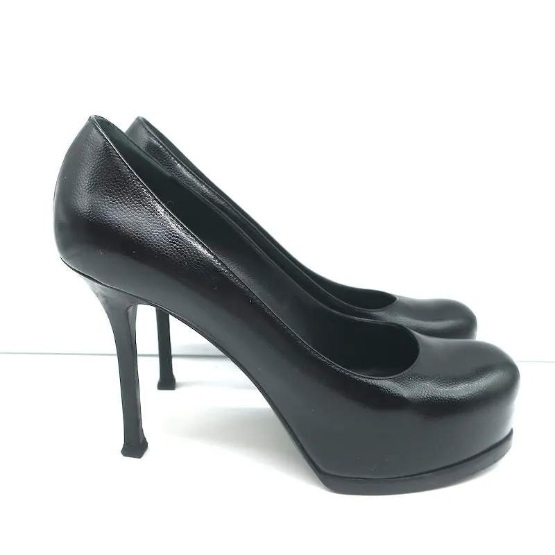 Saint Laurent Tribtoo Platform Pumps Black Grained Leather Size 36.5