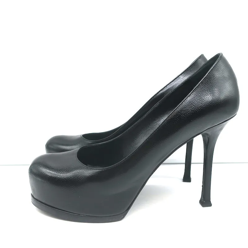 Saint Laurent Tribtoo Platform Pumps Black Grained Leather Size 36.5