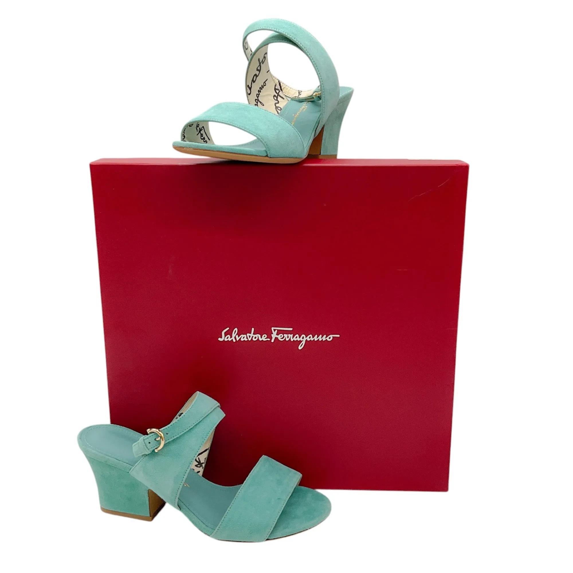 Salvatore Ferragamo Aqua Sheena Suede Calfskin Sandals