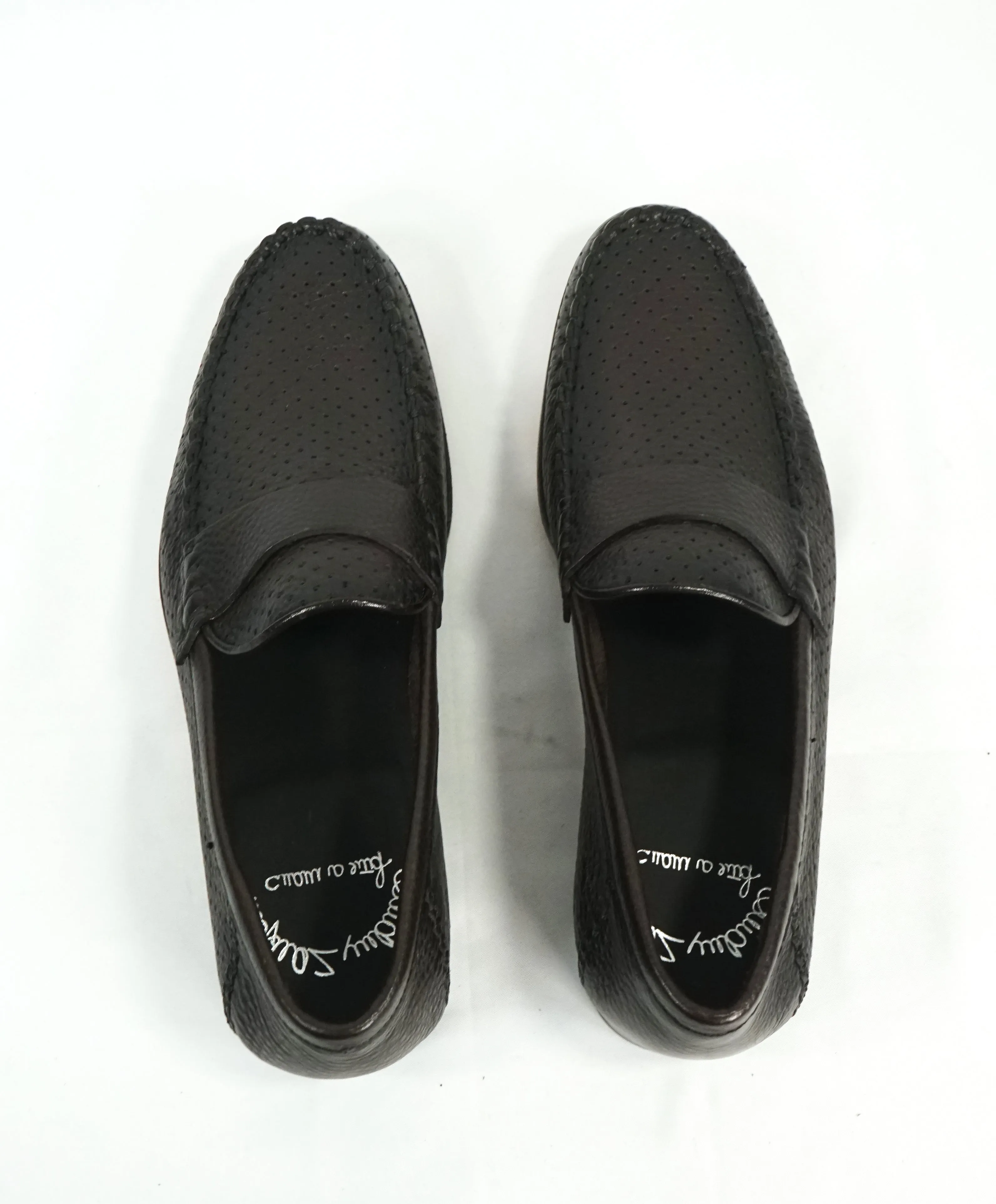 SANTONI - Brown Leather Perforated Unlined Venetian Loafers - 11.5