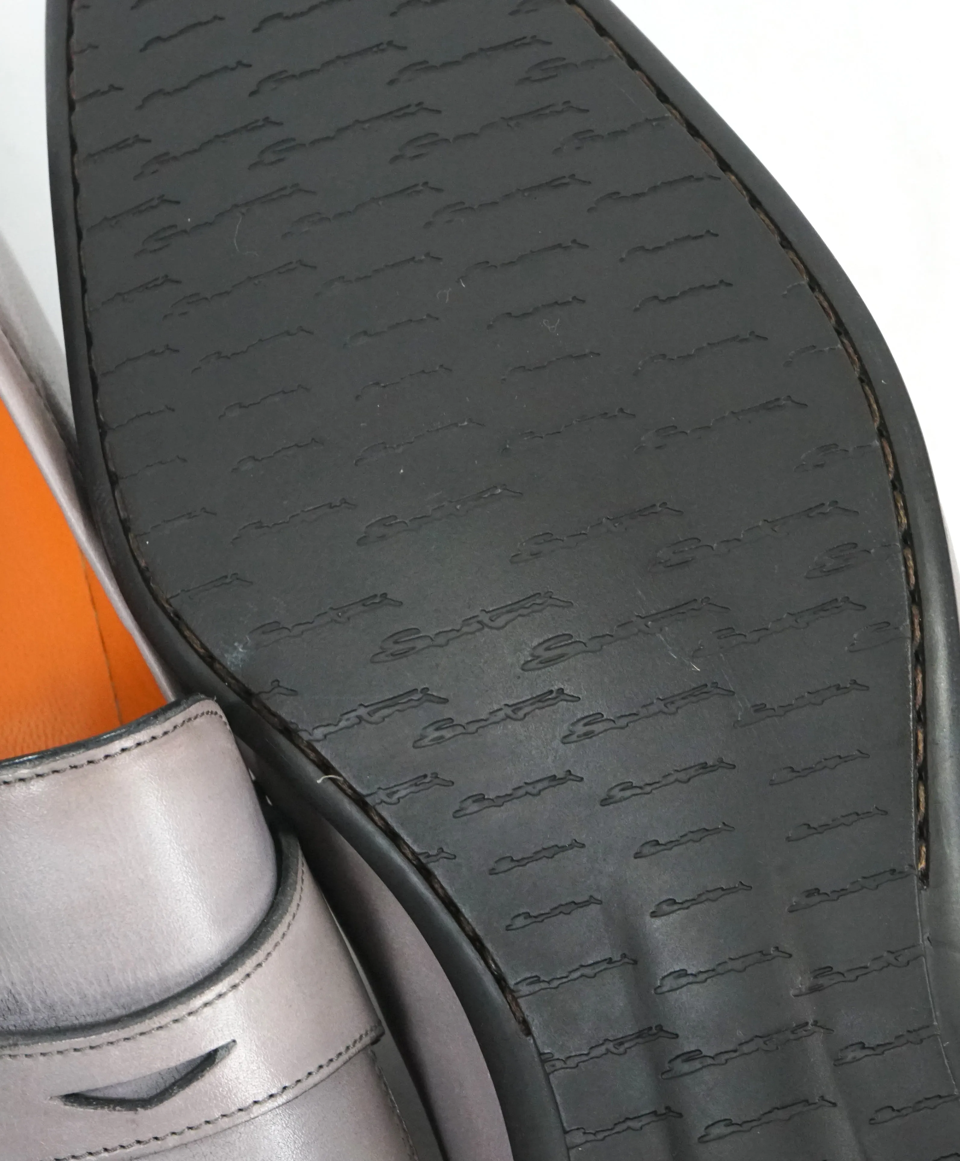 SANTONI - Sleek Gray Leather Penny Loafers W Embossed Logo Sole - 10