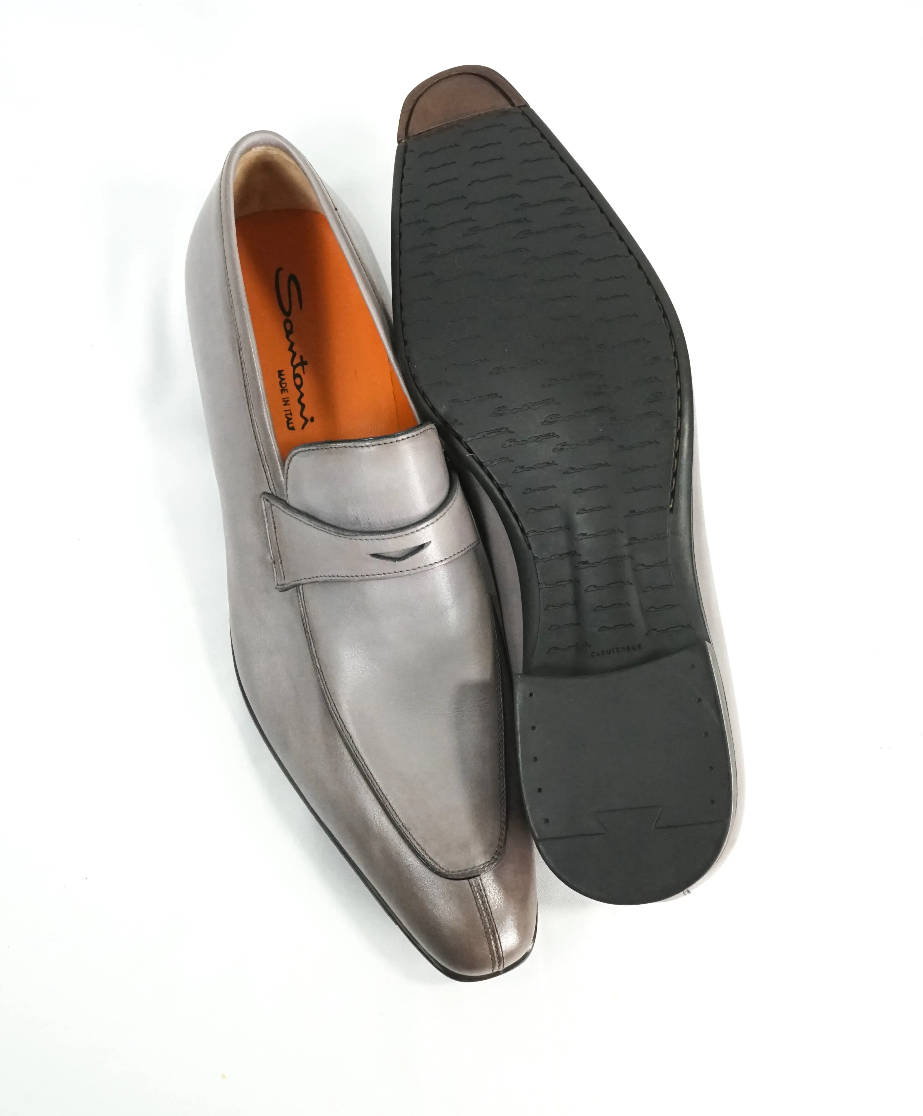 SANTONI - Sleek Gray Leather Penny Loafers W Embossed Logo Sole - 10