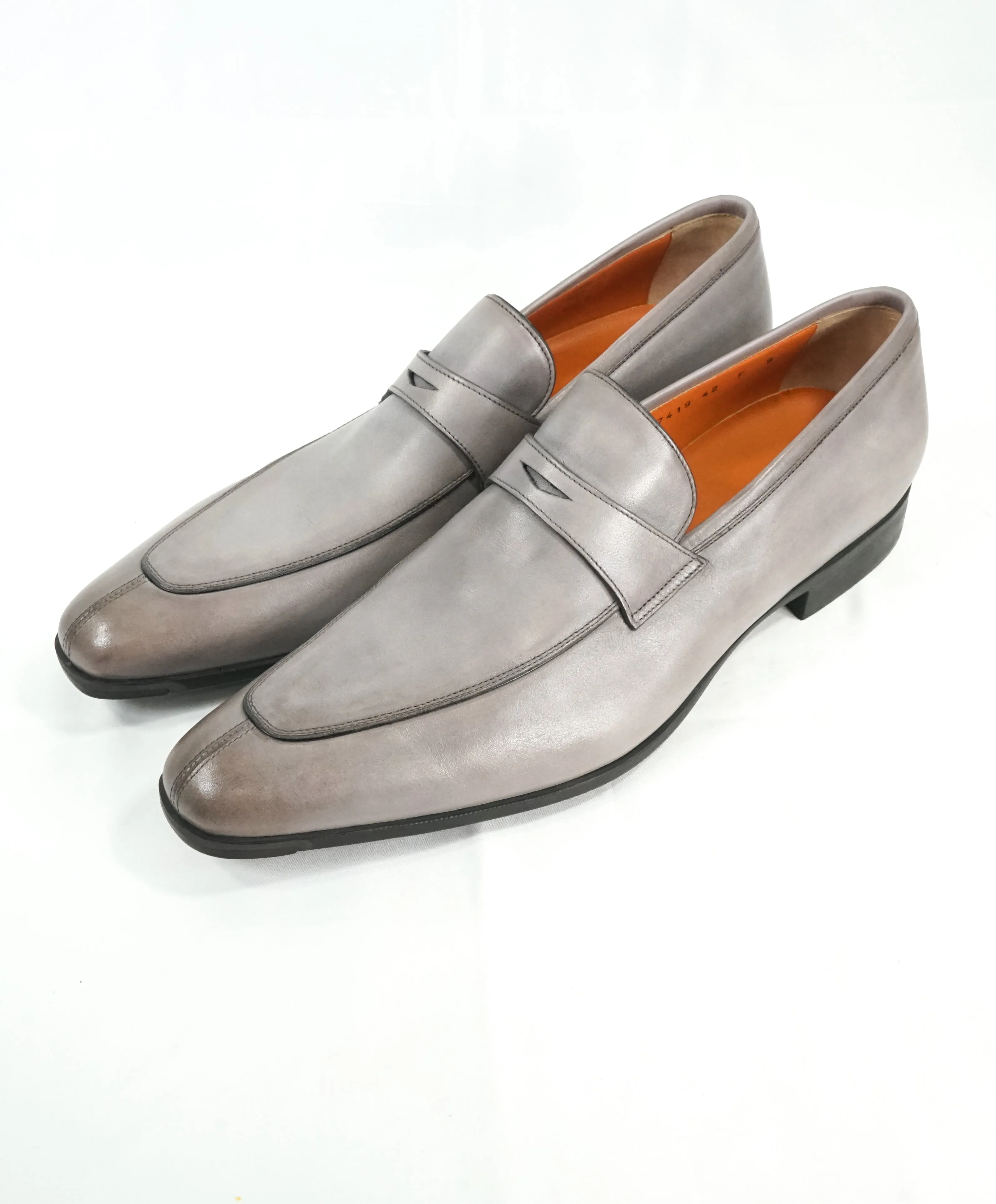 SANTONI - Sleek Gray Leather Penny Loafers W Embossed Logo Sole - 10